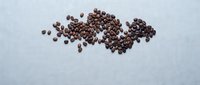 Coffee beans scattered on white linen fabric creating organic pattern for cafe branding, food photography and culinary design projects.