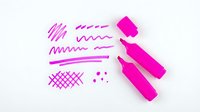 Magenta highlighter markers with hand-drawn stroke samples including lines, waves, crosshatch patterns and dots on white background, isolated design element for graphic projects.