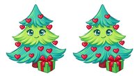 Cute cartoon Christmas trees with kawaii faces, red heart ornaments and gift boxes isolated on white background for holiday designs and greeting cards.
