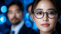 Young Asian businesswoman wearing glasses with confident expression against blurred blue bokeh background, professional corporate portrait.