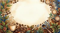 Warm coffee cups and roasted beans arranged in decorative frame with botanical leaves and latte art on cream background, suitable for cafe menus and beverage marketing.