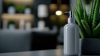 Gray pump bottle with aloe vera plant in modern bathroom setting for skincare and wellness products display.