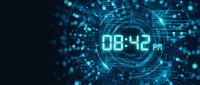 Digital clock display showing 08:42 PM surrounded by futuristic holographic interface with glowing blue circuits and data streams for technology concepts.