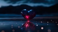 Glowing heart shape with red and blue luminescence reflecting on dark water surface against moody night sky, creating magical romantic atmosphere.