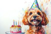Happy brown Cavapoo dog wearing party hat looking at birthday cake with lit candles against watercolor splatter background, festive celebration pet portrait.