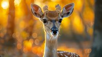 Young deer fawn with large ears against golden autumn bokeh background, wildlife portrait in warm sunset light.