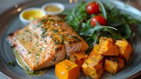 Grilled salmon fillet with roasted butternut squash cubes, fresh arugula salad, cherry tomatoes and boiled egg on gray ceramic plate, garnished with herbs.