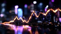 Financial market graph glowing orange against blurred urban nightscape with bokeh lights, reflecting economic data visualization and stock trading concept.
