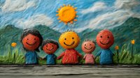 Cheerful family drawing with smiling figures against nature background, colorful chalk pastel style artwork showing parents and children on wooden surface.