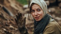 Young Caucasian woman in hijab and work gloves waves hello while volunteering at outdoor community project, showing genuine smile and positive attitude during service.