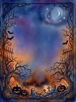 Spooky Halloween watercolor frame with jack-o-lanterns, bats, crescent moon, gravestones, and bare trees on a purple night sky background.