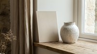 Minimalist Japandi interior with blank canvas mockup, rustic ceramic vase, and dried flowers on wooden shelf by sunlit window.
