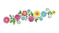 Colorful floral embroidery border with roses, daisies and decorative swirls on white background. Folk art style botanical design for textile decoration.