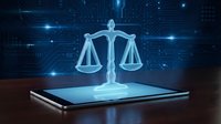 Digital justice scales hologram emerging from smartphone screen with circuit board background for legal technology and law firm applications.