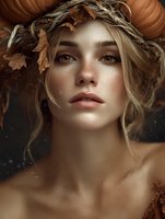 Young blonde woman with autumn leaf crown and ram horns in fantasy portrait style for creative projects and seasonal campaigns.