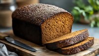 Freshly baked homemade dark rye bread loaf with slices cut on wooden board, rustic kitchen setting with herbs in background.