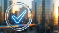 Glowing blue checkmark icon in transparent circle against blurred city skyline at sunset for business success and approval concepts.