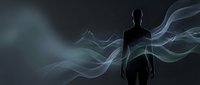 Silhouette of a female figure surrounded by flowing ethereal waves and smoke effects against a dark background, suitable for wellness, spirituality, and abstract design projects.