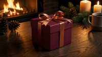 Burgundy gift box with copper ribbon beside fireplace with pine cones, evergreen branches and candles creating cozy holiday atmosphere for seasonal celebrations.
