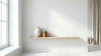 Minimalist wooden shelf mounted on white wall with ceramic vase and potted succulent plant, bright natural light from window, modern home decor and interior design.