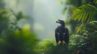 Majestic black eagle perched among lush green ferns in misty forest environment, dramatic nature photography with soft morning light and atmospheric mood.