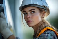 Young female construction worker in white hard hat and safety vest looking confidently at worksite, blonde hair styled in loose braid, wearing plaid shirt.
