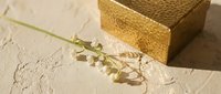 Lily of the valley sprig beside a golden textured box on a beige plaster surface, evoking elegance and spring freshness.