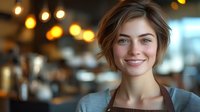 Young female barista with short brown hair smiling warmly in modern coffee shop with bokeh lights background for hospitality and service industry concepts.