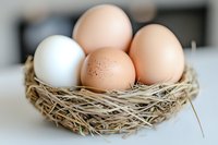 Fresh farm eggs in natural straw nest, showing different natural shell colors from white to brown, with soft focus background creating rustic atmosphere.