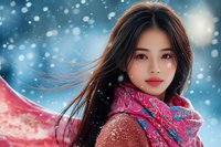 Young Asian woman with flowing dark hair in pink floral scarf against snowy winter background, soft bokeh lights and gentle snowfall create dreamy seasonal portrait.