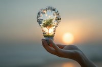Hand holding light bulb with cityscape and tree inside against sunset backdrop, symbolizing sustainable energy solutions and environmental innovation.