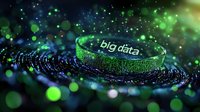 Glowing green digital ring with big data text surrounded by particles and bokeh effects in dark space, futuristic technology concept for data analytics.