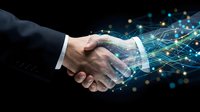 Business handshake with digital technology network overlay representing partnership, collaboration and innovation in modern corporate world.