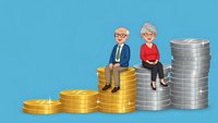 Senior couple sitting on stacked coins representing retirement savings and financial planning for elderly people on blue background.