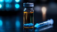 Medical vial with amber liquid and syringe on dark background with blue bokeh lights, dramatic healthcare and pharmaceutical concept photography.