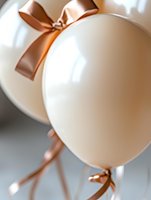 Elegant white balloons decorated with rose gold satin ribbons and bows create a sophisticated party atmosphere, perfect for weddings and celebrations.