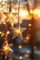 Glowing star-shaped Christmas lights hanging against warm bokeh background create magical holiday atmosphere for festive seasonal decorations and celebrations.