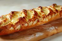 Fresh baked pretzel bread topped with melted cheese and golden-brown crust, close-up view showing texture and glistening surface on wooden board.