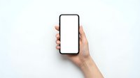 Hand holding smartphone with blank white screen mockup for app presentation and mobile interface design projects.