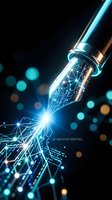 Futuristic fountain pen with glowing digital circuits and light effects on dark background for creative writing and technology concepts.