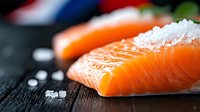 Fresh raw salmon fillet with sea salt and carrots on dark wooden background, macro food photography for restaurant menu and cooking blogs.