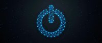 Glowing blue polygonal power button symbol made of connected dots and lines on dark background, representing technology and digital energy.