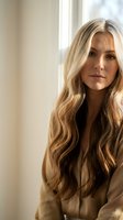 Young blonde Caucasian woman with long wavy hair in natural window light wearing beige blazer for professional business portrait photography.