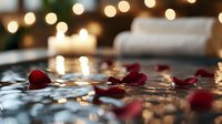 Romantic spa setting with rose petals floating on water surface, glowing candles and soft bokeh lights creating serene atmosphere for wellness and relaxation.