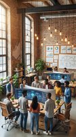 Diverse business team collaborating in modern industrial office with brick walls, analyzing data on digital screens and charts for strategic planning.