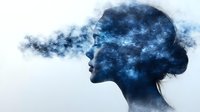 Female profile silhouette with cosmic nebula texture dissolving into smoky particles against white background, representing mindfulness and inner universe.