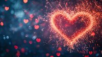 Glowing heart shape created with sparkling light trails and bokeh effects against dark blue background, romantic festive atmosphere with red heart bokeh lights.