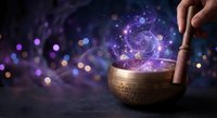 Mystical singing bowl with glowing purple energy swirls and cosmic light effects for meditation and spiritual healing practices.
