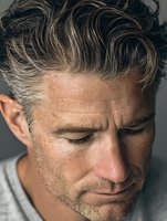 Close-up portrait of mature Caucasian man with wavy gray hair, freckles, and natural facial lines, looking down with contemplative expression against neutral background.