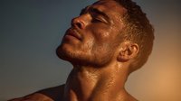 Profile of athletic Black man with glistening skin in golden sunset light, eyes closed in peaceful moment of reflection or exhaustion after workout.